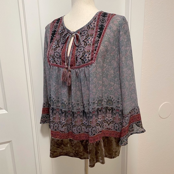 Knox Rose Boho Peasant Blouse XL Velvet Paisley Tassels Statement Sleeves Fairy - Picture 4 of 15